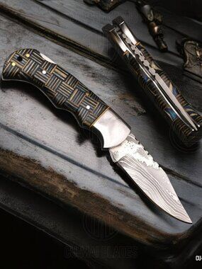 New Handmade Damascus Folding Knife with Leather Sheath